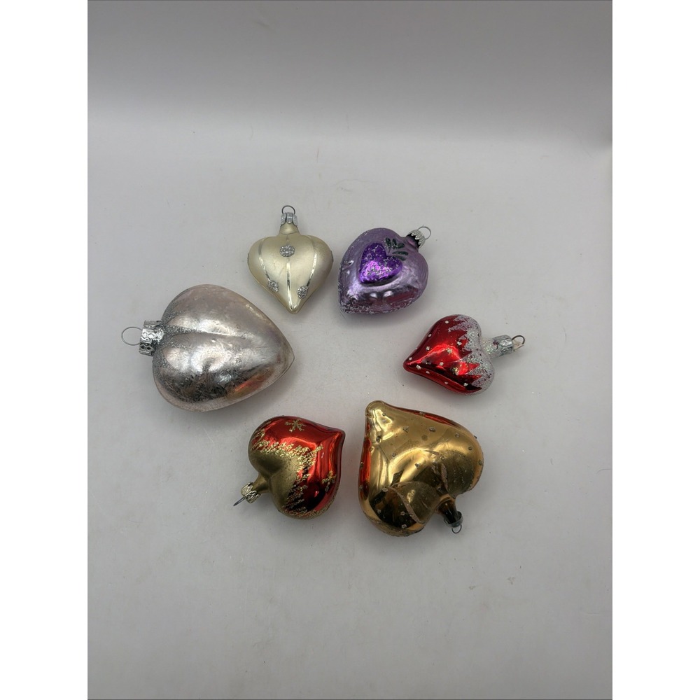6 Hand Blown Glass Heart Christmas Ornaments Valentines Love Vintage